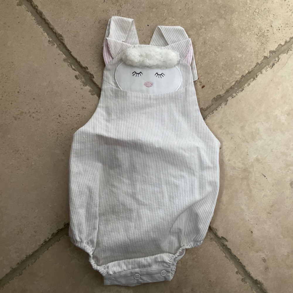 Bella Bliss Baby Lamb Seersucker Bubble Romper Tan White Stripe 12M NEW
